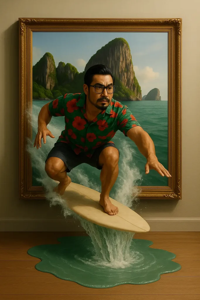 Reverse Engineering the Trompe-l'œil Surfing Illusion: A Comprehensive Prompt Analysis 2 Trompe loeil Surfer bursting out of framed painting onto floor