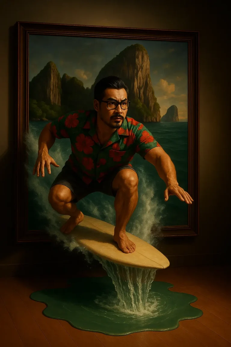 trompe-l'œil : Man on surfboard breaking out of framed seascape onto floor